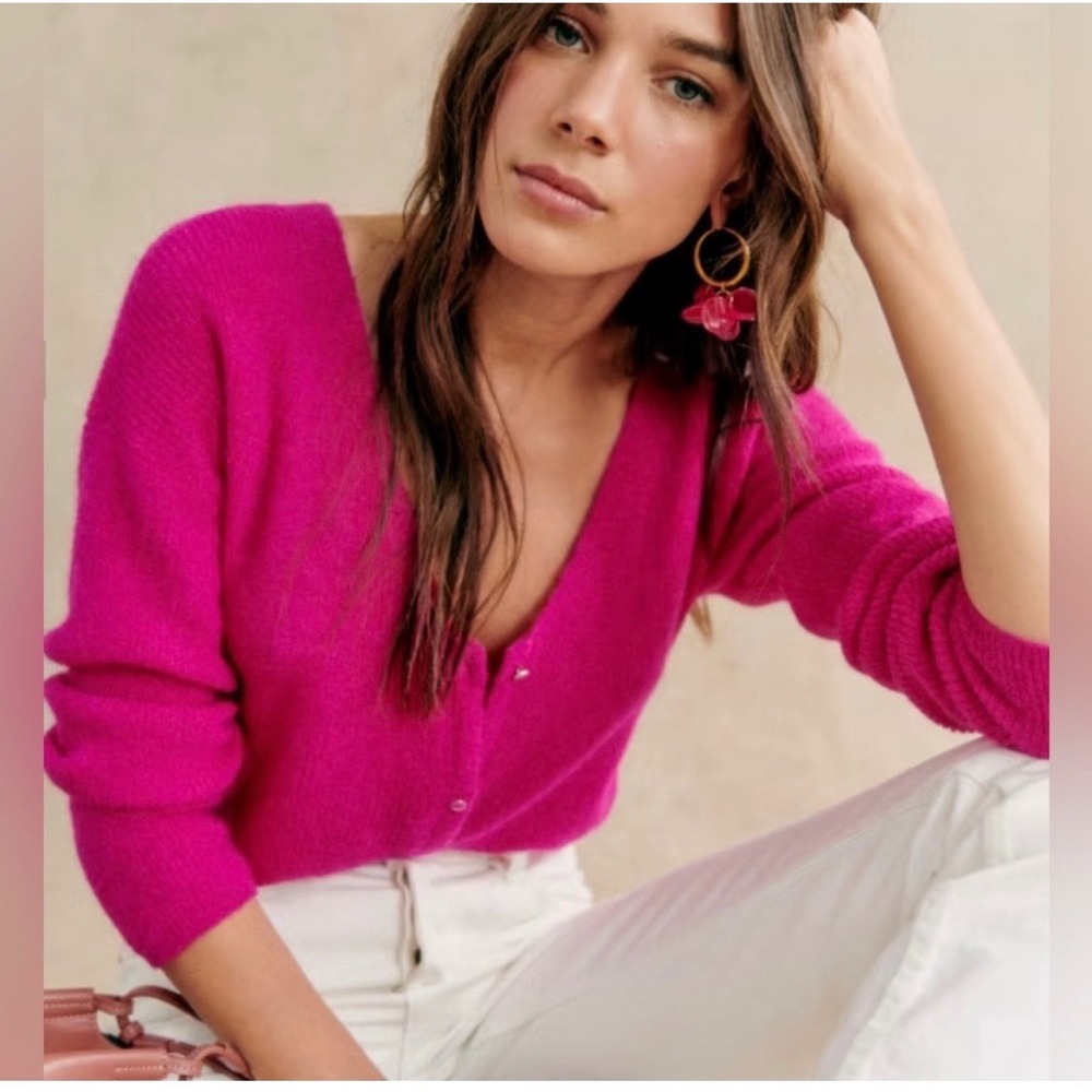 Sezane Barry Cardigan Size Small Fuschia Pink Mohair Alpaca Blend V Neck Sweater